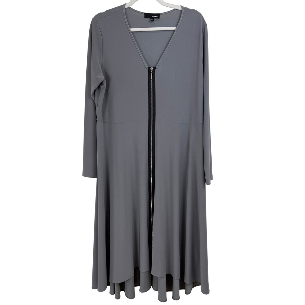 SUN KIM PHOENIX FLUID A-LINE‎ Gray Zip Long Sleeve Midi Dress L USA LAGENLOOK